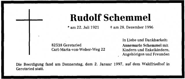 Schemmel Rudolf 1921-1996 Todesanzeige